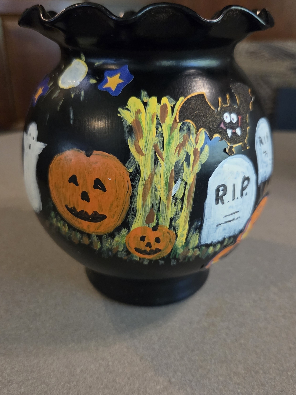 Hand-Painted Halloween Ceramic Vase - Black and Orange Pumpkin Design